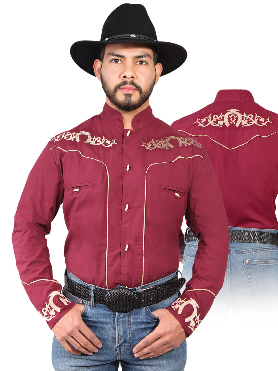 Charra Embroidered Long Sleeve Burgandy Cowboy Shirt for Men 'The Lord of the Skies' - ID: 42880