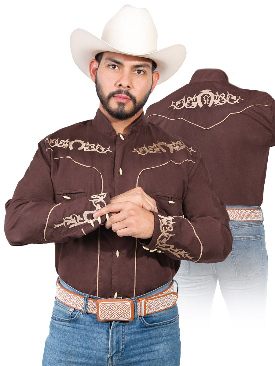 Charro Long Sleeve Brown Denim Shirt for Men 'El Señor de los Cielos' - ID: 42881 Western Shirt El Señor de los Cielos Brown