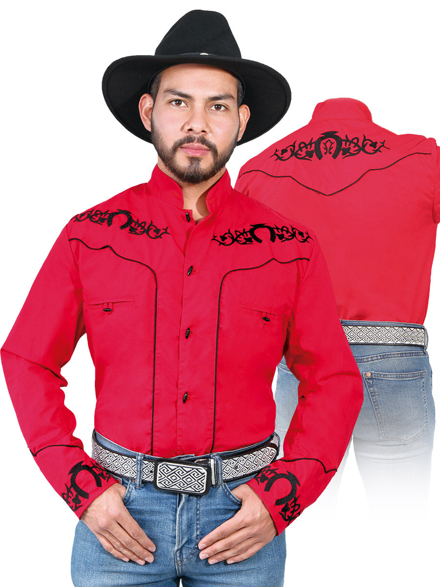 Charro Long Sleeve Red Denim Shirt for Men 'El Señor de los Cielos' - ID: 42883 Western Shirt El Señor de los Cielos Red