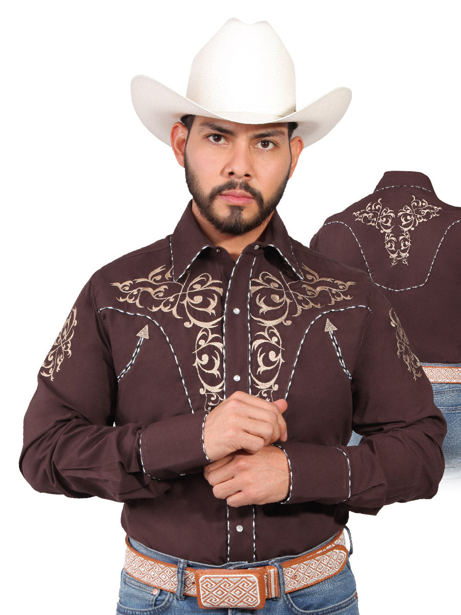 Embroidered Long Sleeve Brown Denim Shirt for Men 'The Lord of the Skies' - ID: 42885