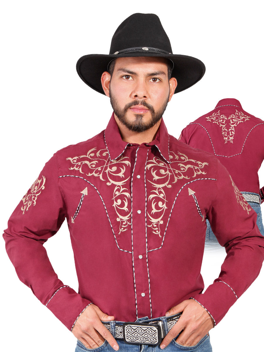 Embroidered Long Sleeve Burgandy Denim Shirt for Men 'The Lord of the Skies' - ID: 42886
