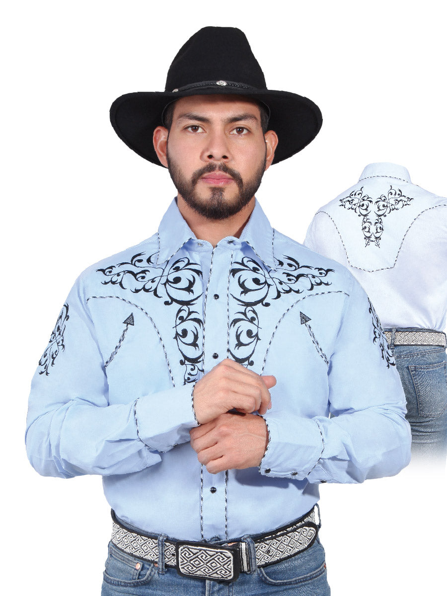 Blue Long Sleeve Embroidered Denim Shirt for Men 'The Lord of the Skies' - ID: 42887