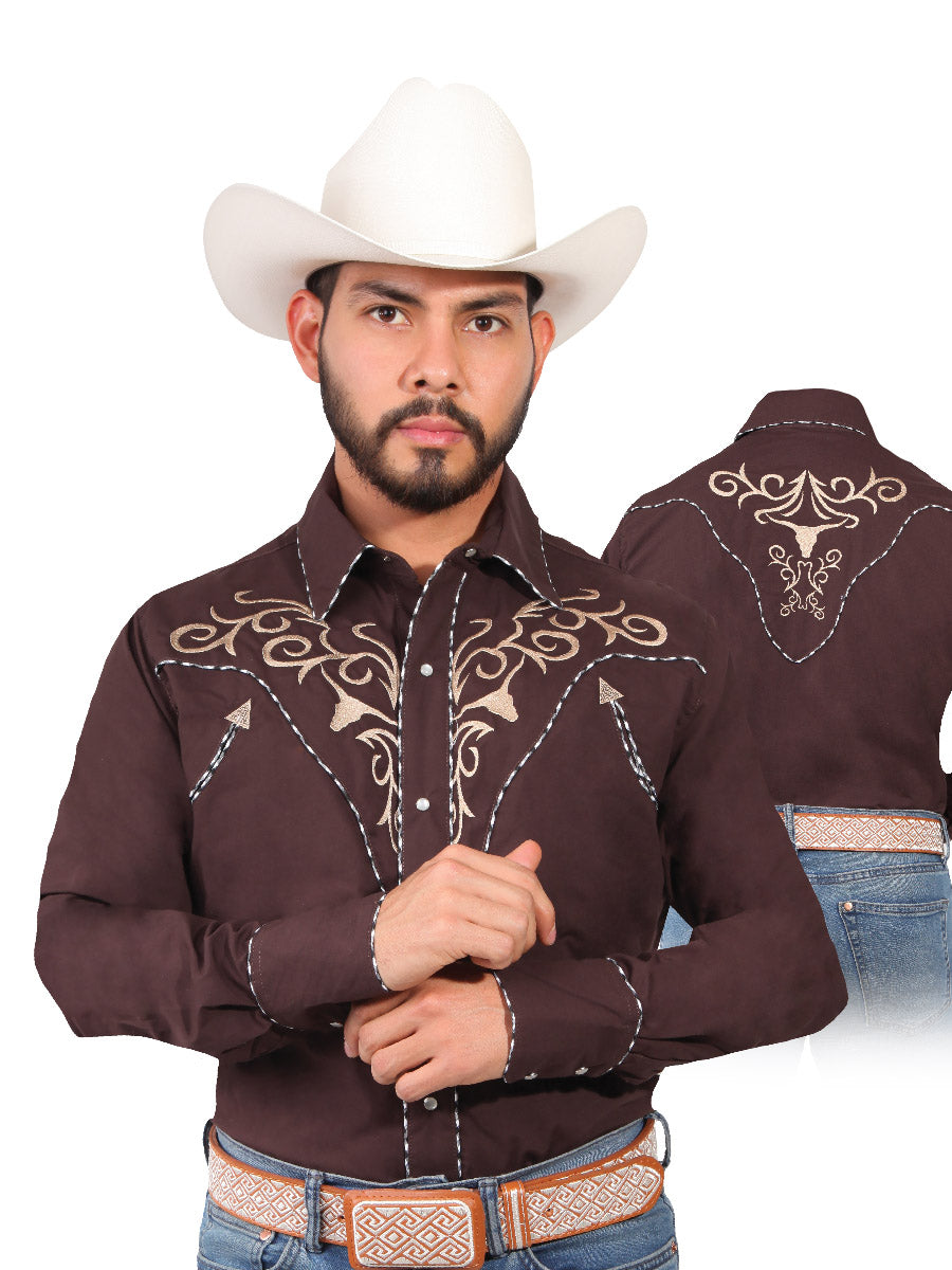 Embroidered Long Sleeve Brown Denim Shirt for Men 'The Lord of the Skies' - ID: 42891