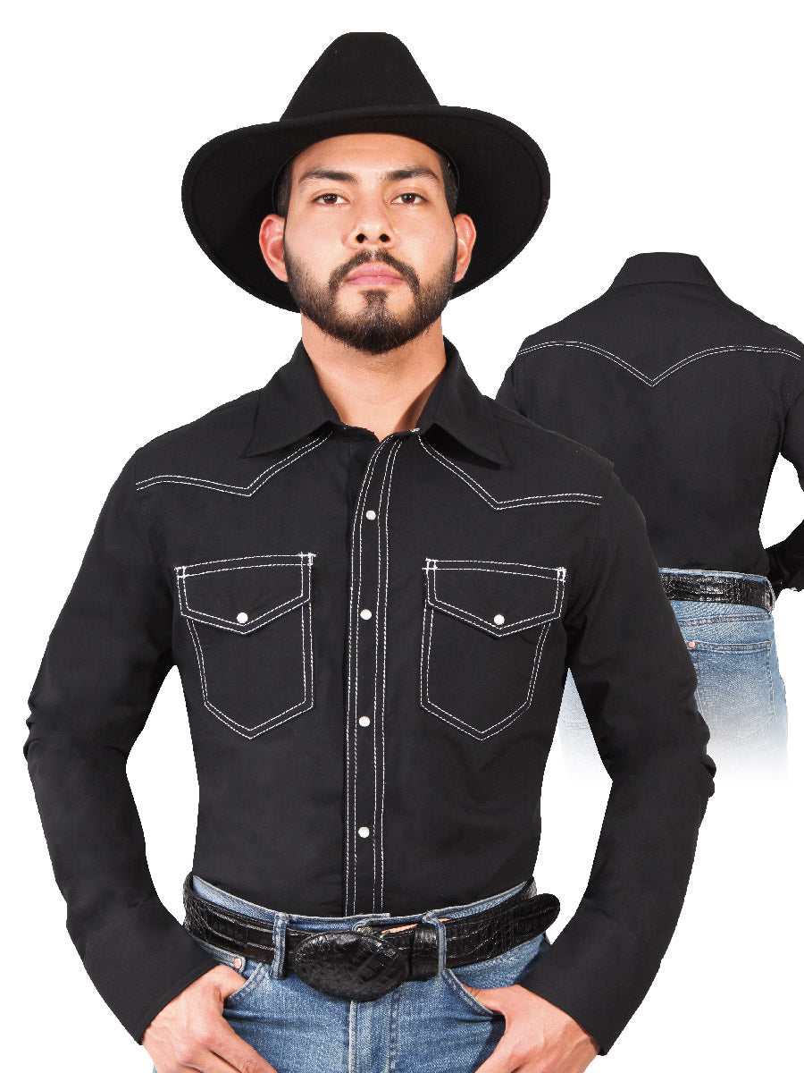 Camisa Vaquera Manga Larga de Bolsillos Negro para Hombre 'El Señor de los Cielos' - ID: 42893
