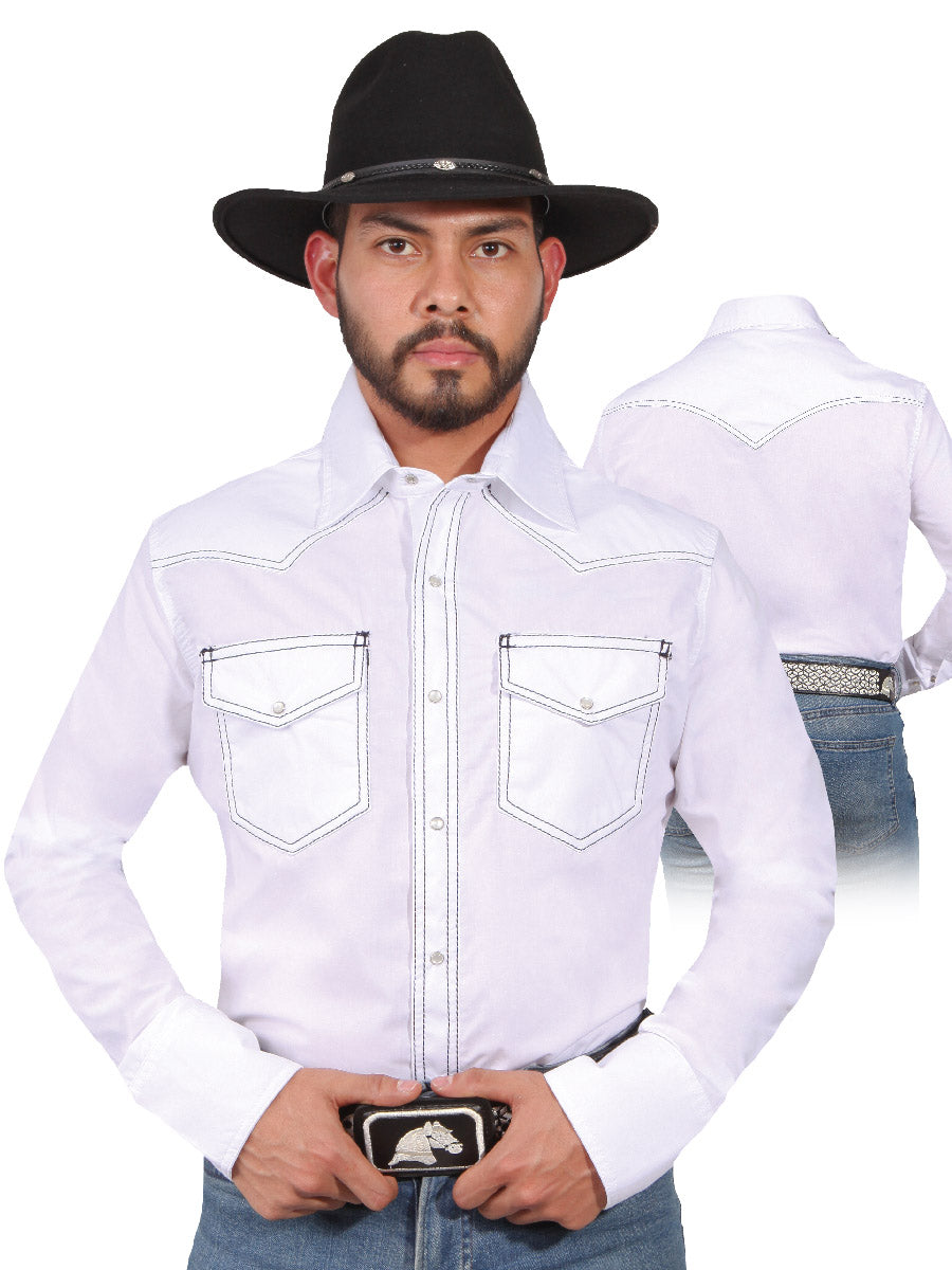 Camisa Vaquera Manga Larga de Bolsillos Blanco para Hombre 'El Señor de los Cielos' - ID: 42895
