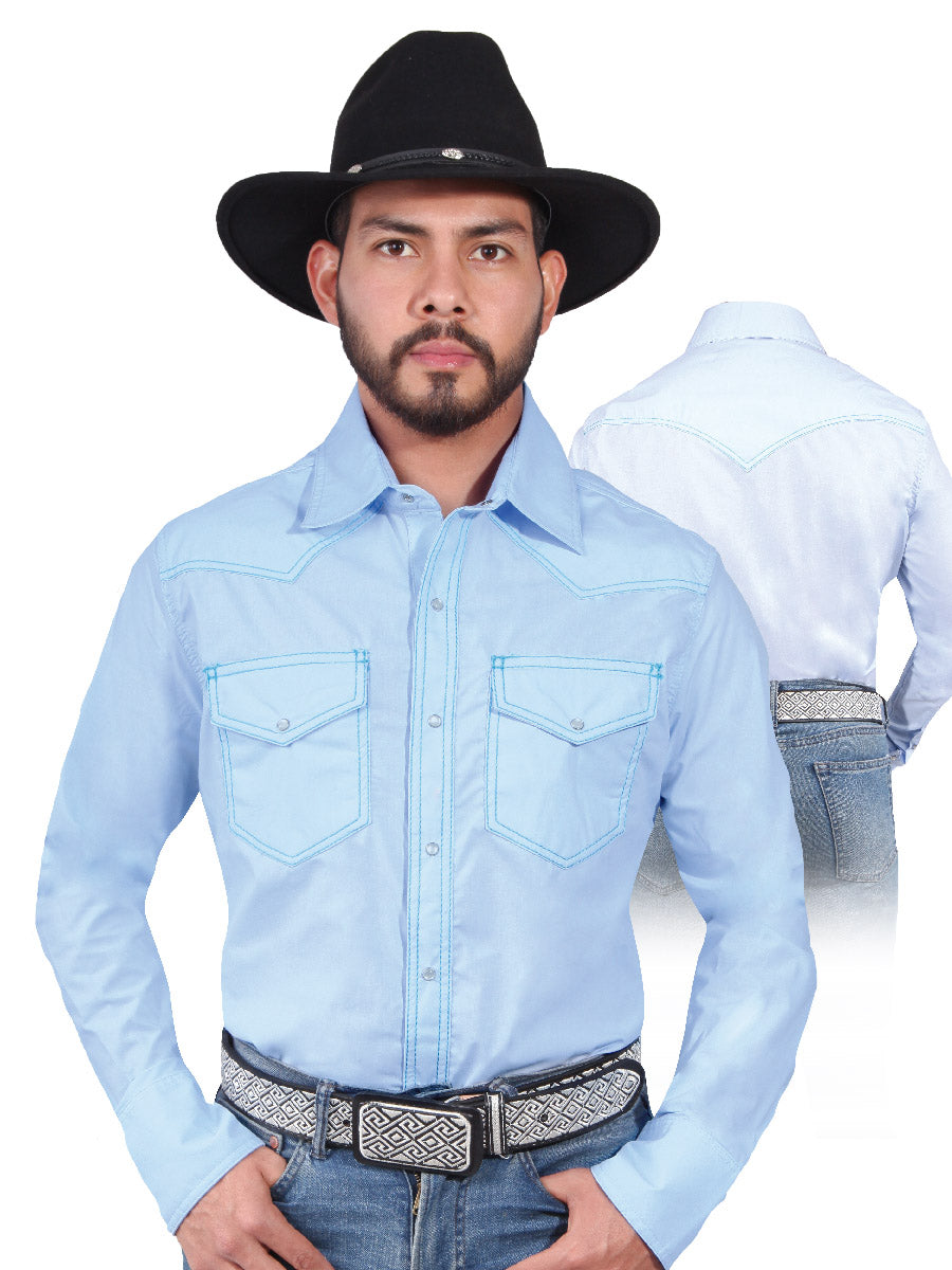 Camisa Vaquera Manga Larga de Bolsillos Azul Claro para Hombre 'El Señor de los Cielos' - ID: 42896