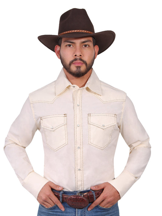 Camisa Vaquera Manga Larga de Bolsillos Beige para Hombre 'El Señor de los Cielos' - ID: 42900