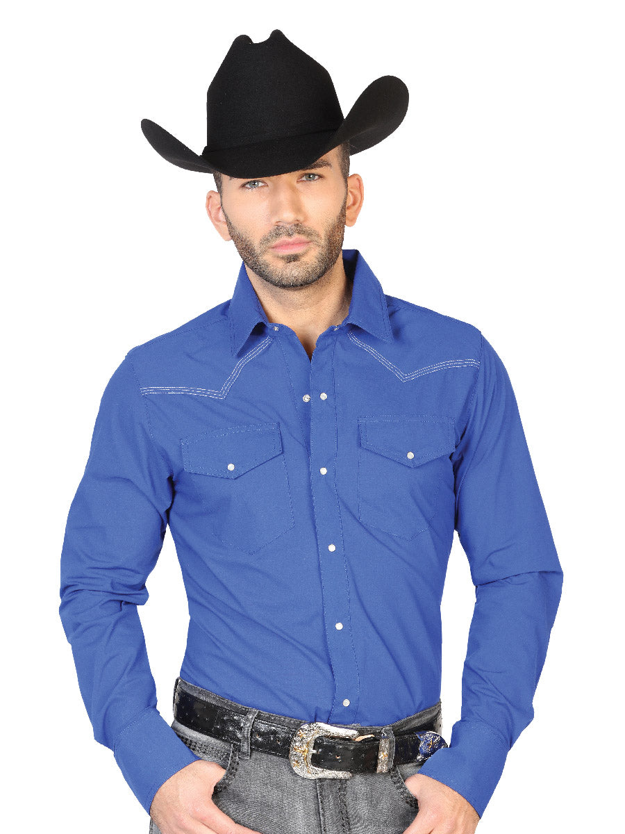 Camisa Vaquera Manga Larga de Bolsillos Azul Rey para Hombre 'El Señor de los Cielos' - ID: 42912