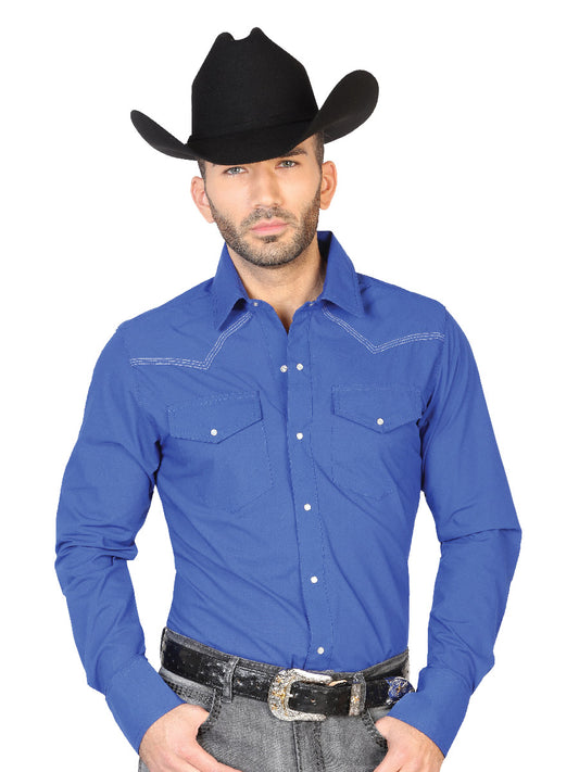 Camisa Vaquera Manga Larga de Bolsillos Azul Rey para Hombre 'El Señor de los Cielos' - ID: 42912 Western Shirt El Señor de los Cielos Royal Blue