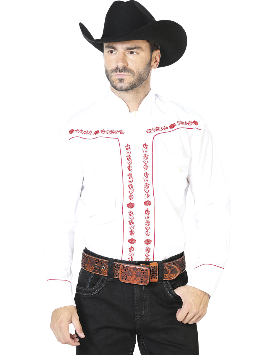 White Long Sleeve Embroidered Charro Denim Shirt for Men 'El Señor de los Cielos' - ID: 42922 Western Shirt El Señor de los Cielos White