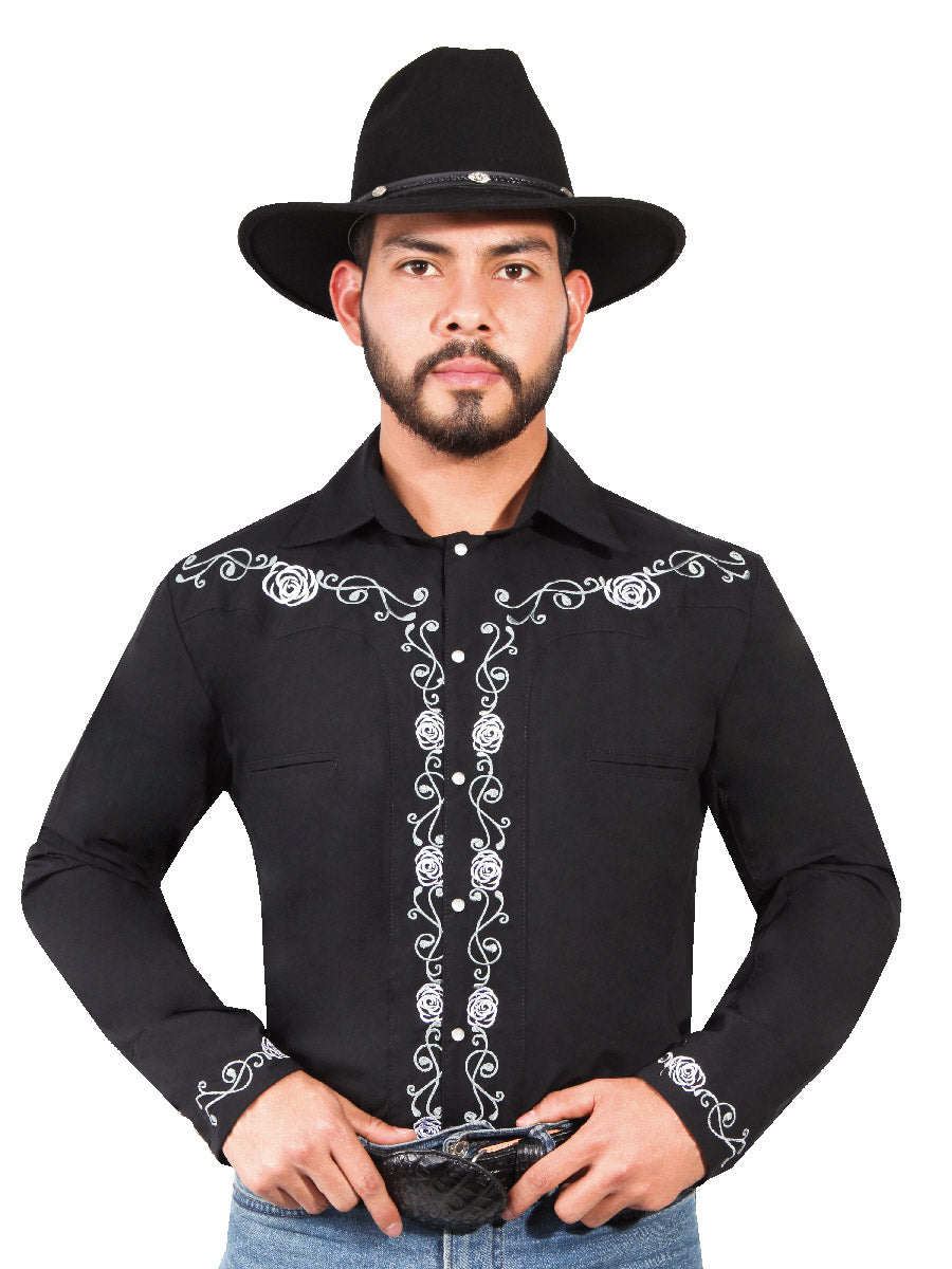 Black Long Sleeve Embroidered Denim Shirt for Men 'The Lord of the Skies' - ID: 42937