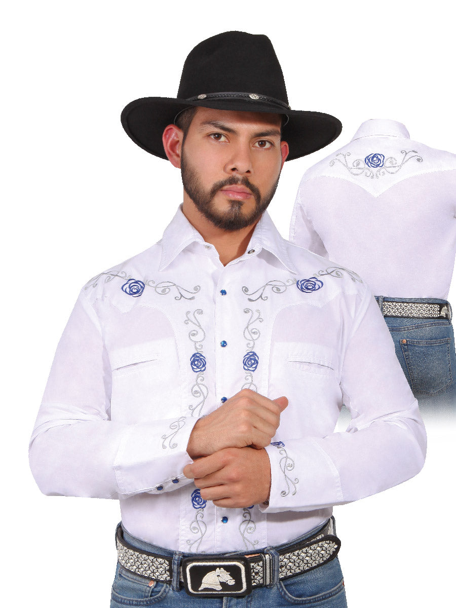 Camisa Vaquera Bordada Manga Larga Blanco para Hombre 'El Señor de los Cielos' - ID: 42938