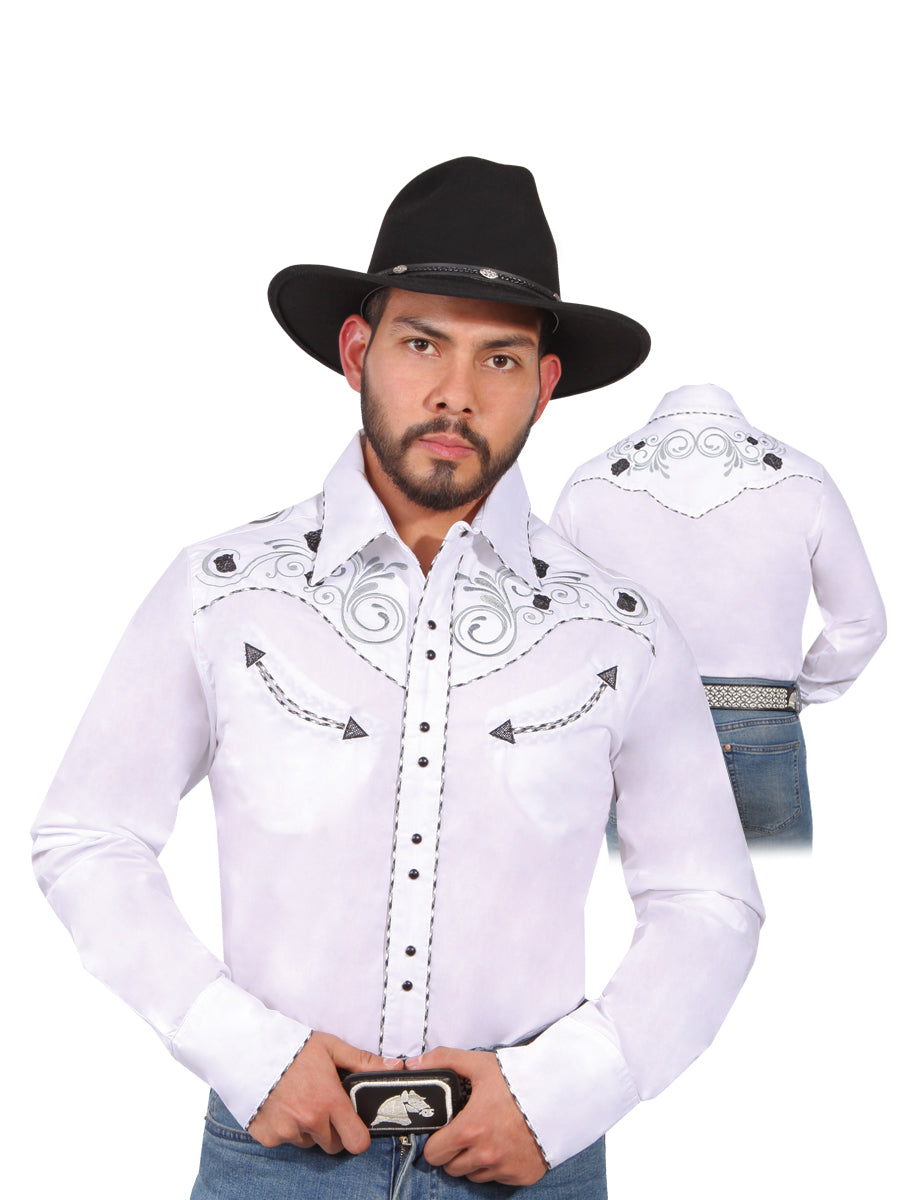 White Long Sleeve Embroidered Denim Shirt for Men 'The Lord of the Skies' - ID: 42941