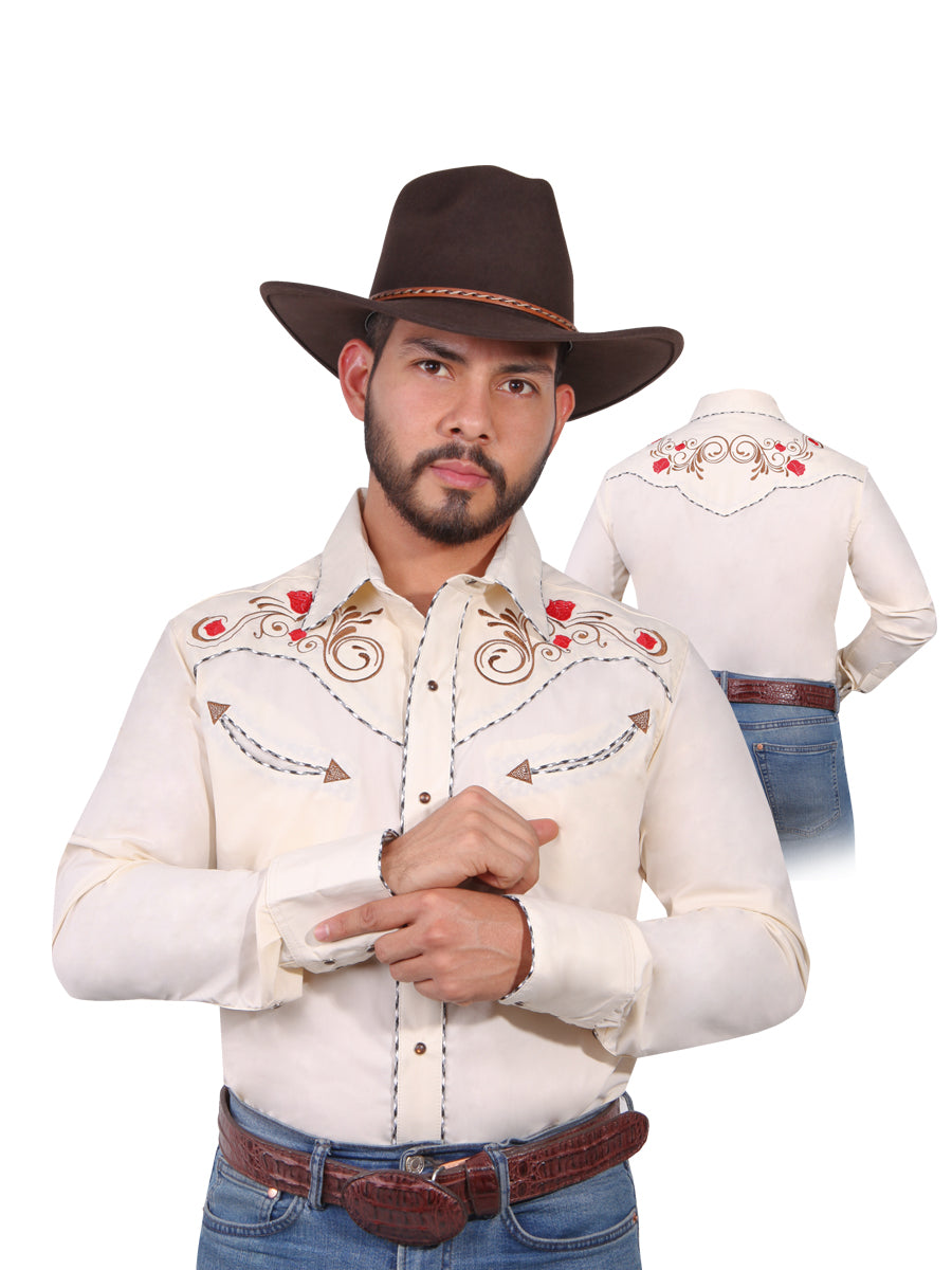 Camisa Vaquera Bordada Manga Larga Beige para Hombre 'El Señor de los Cielos' - ID: 42942 Camisas Bordadas El Señor de los Cielos 