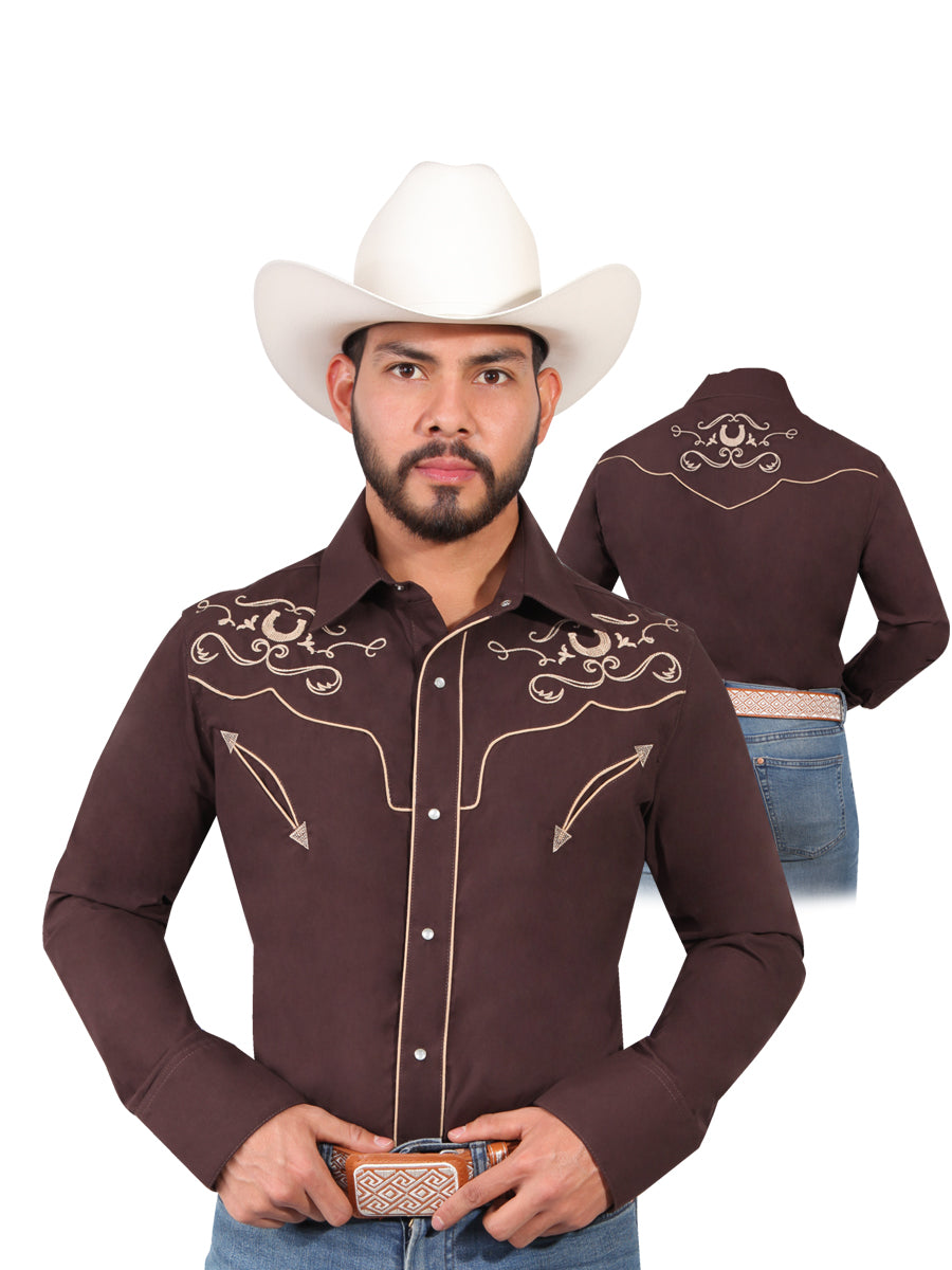 Embroidered Long Sleeve Brown Denim Shirt for Men 'The Lord of the Skies' - ID: 42943