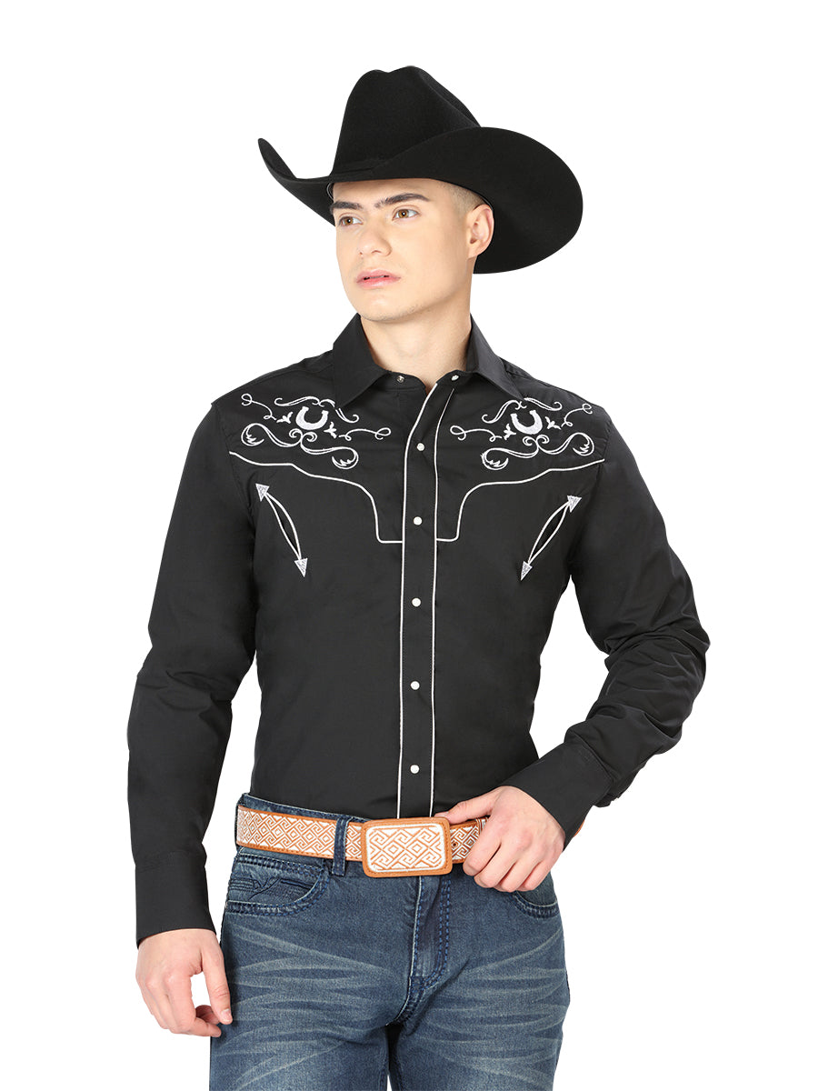 Black Long Sleeve Embroidered Denim Shirt for Men 'The Lord of the Skies' - ID: 42945