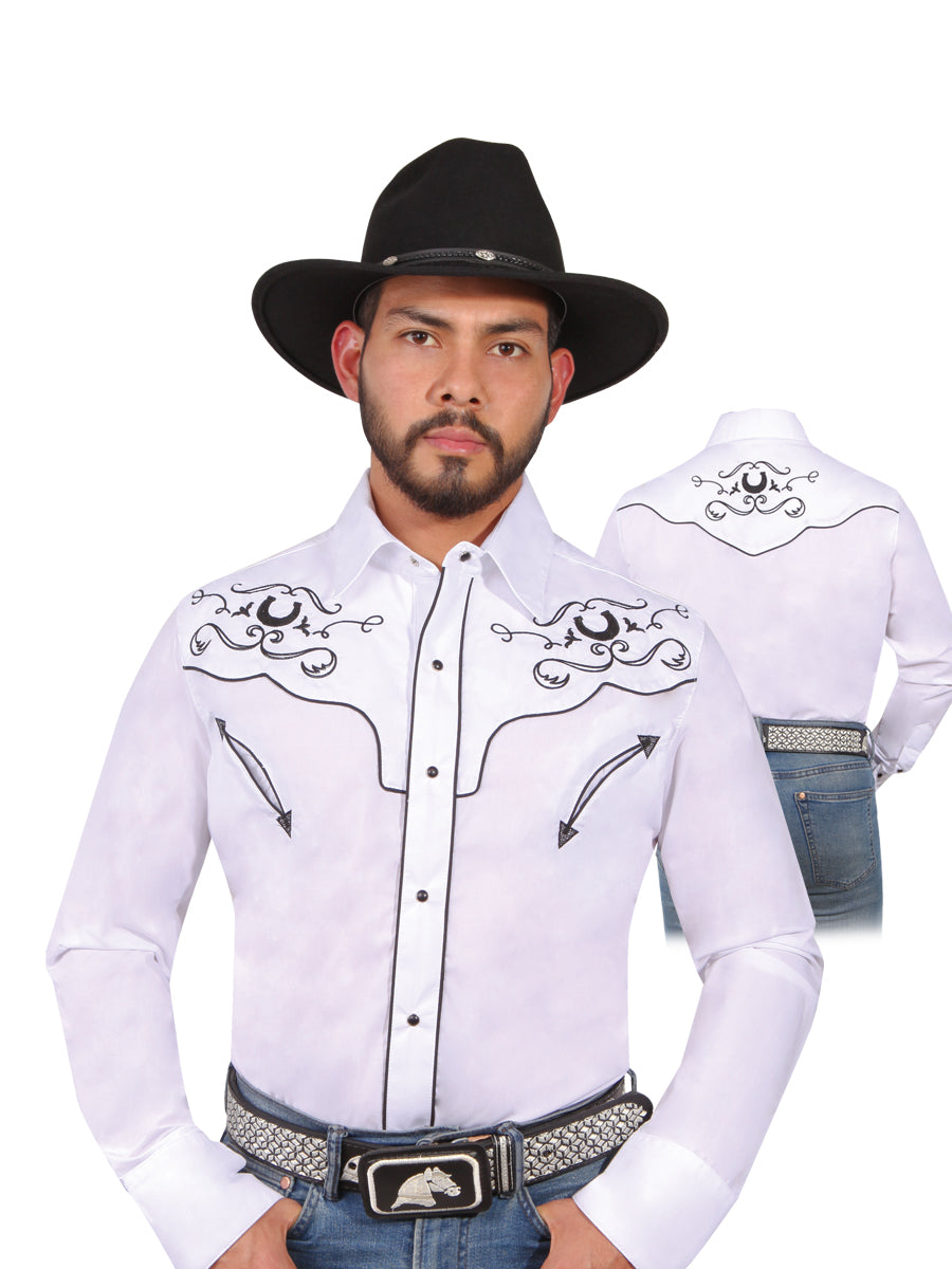 Camisa Vaquera Bordada Manga Larga Blanco para Hombre 'El Señor de los Cielos' - ID: 42946