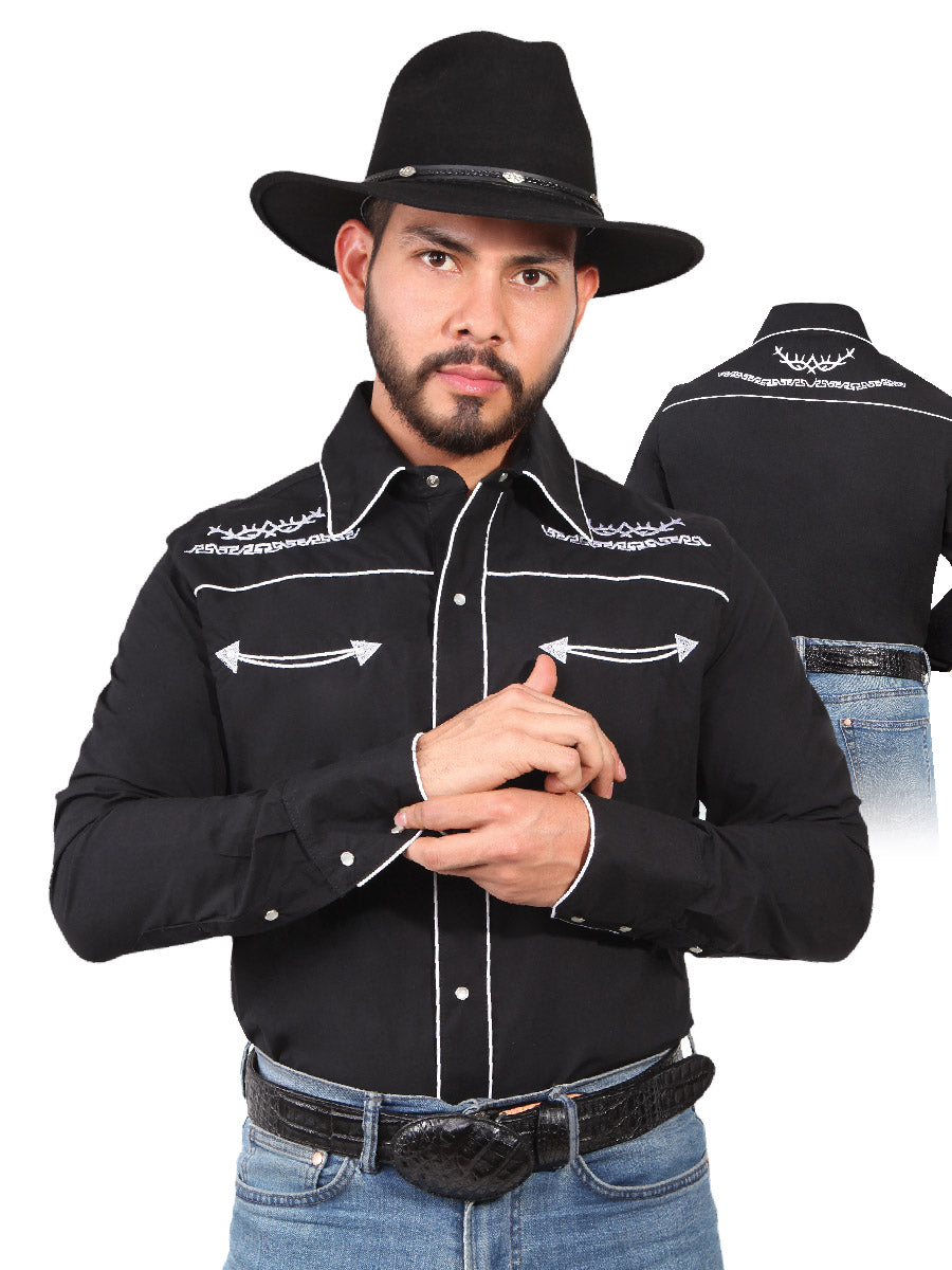 Black Long Sleeve Embroidered Denim Shirt for Men 'The Lord of the Skies' - ID: 42949