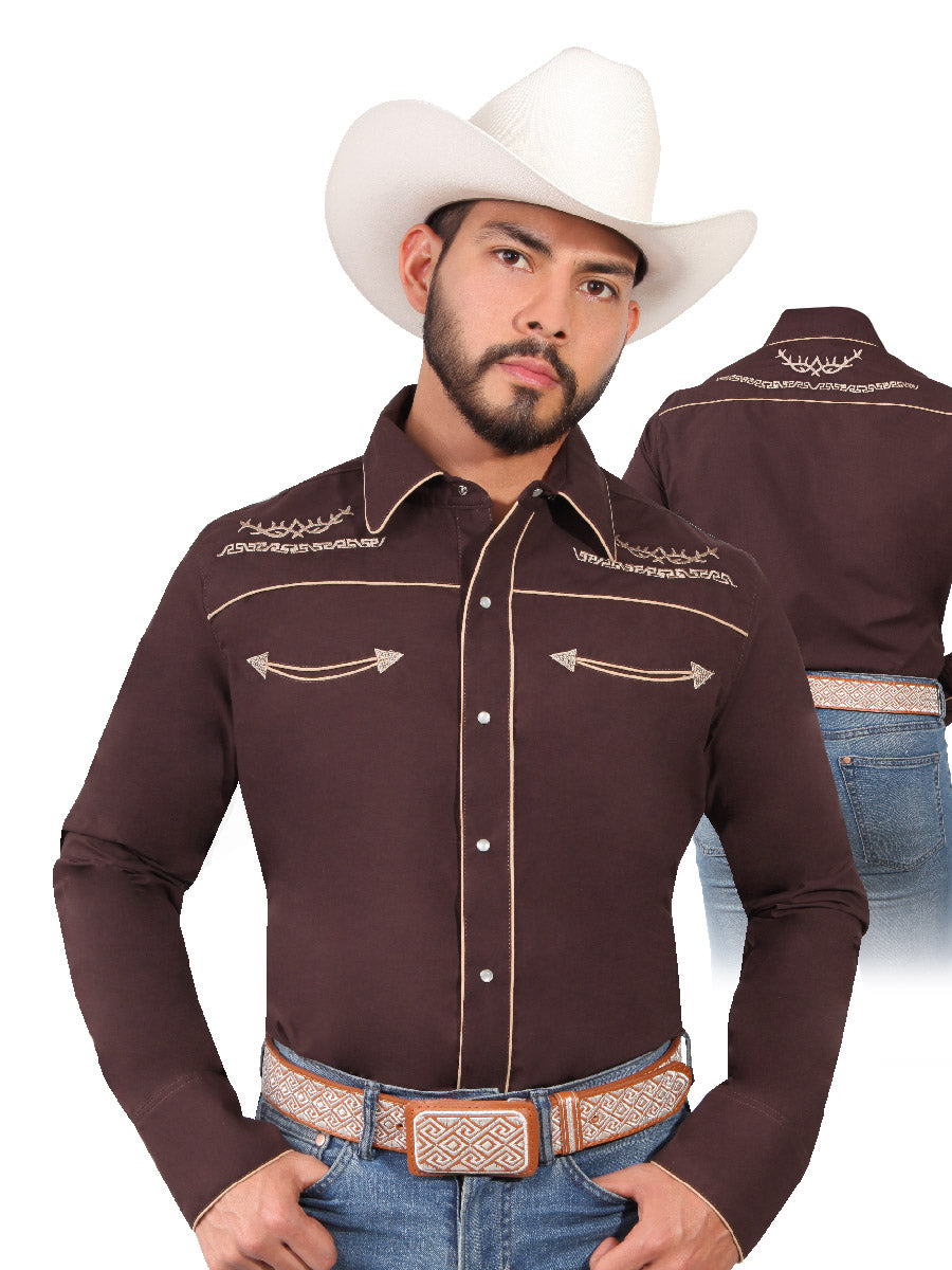 Embroidered Long Sleeve Brown Denim Shirt for Men 'The Lord of the Skies' - ID: 42950