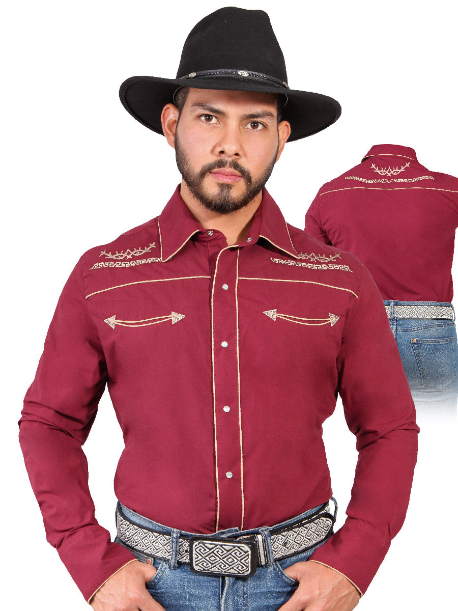 Embroidered Long Sleeve Burgandy Denim Shirt for Men 'The Lord of the Skies' - ID: 42951