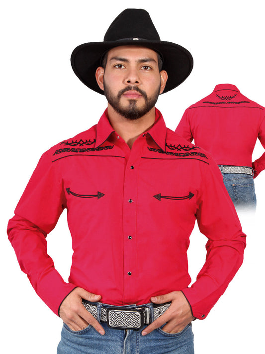 Red Long Sleeve Embroidered Denim Shirt for Men 'El Señor de los Cielos' - ID: 42952 Western Shirt El Señor de los Cielos Red