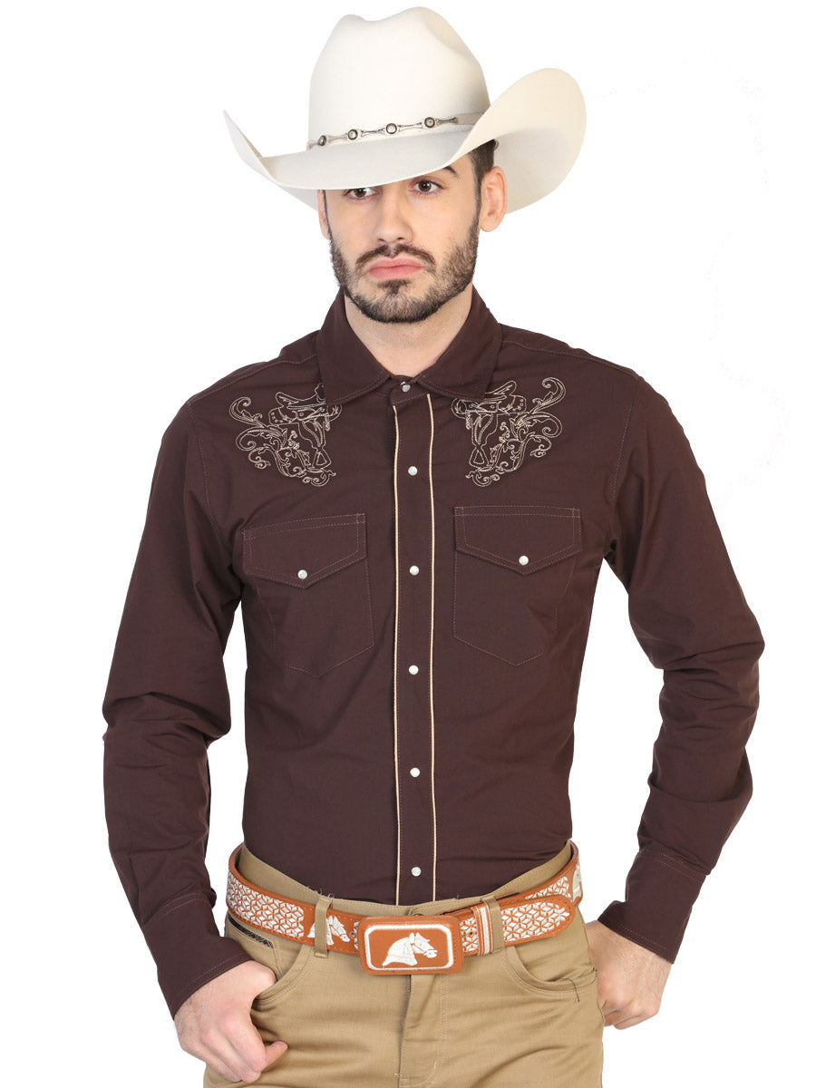 Embroidered Long Sleeve Brown Denim Shirt for Men 'The Lord of the Skies' - ID: 42953