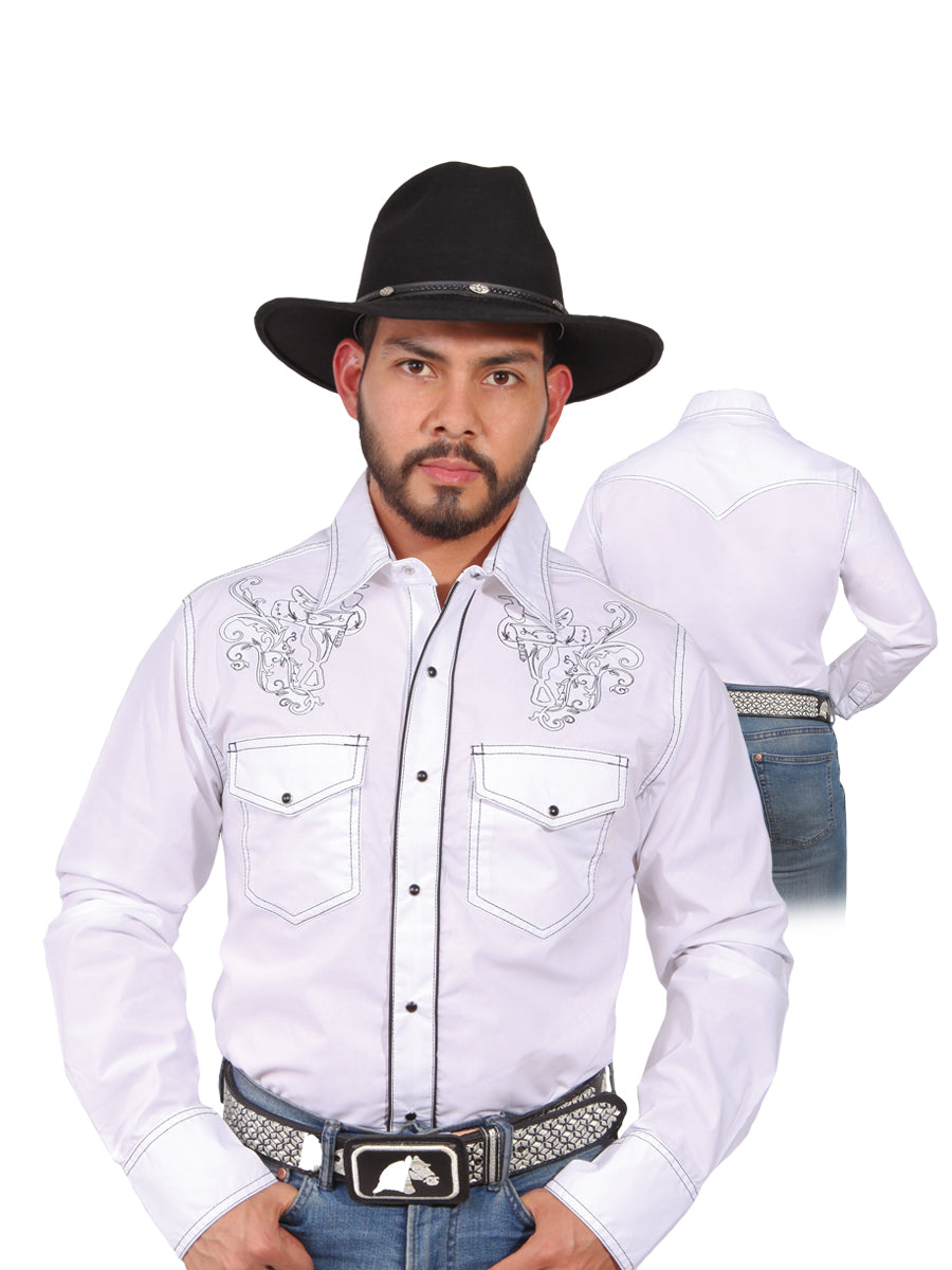 White Long Sleeve Embroidered Denim Shirt for Men 'The Lord of the Skies' - ID: 42954