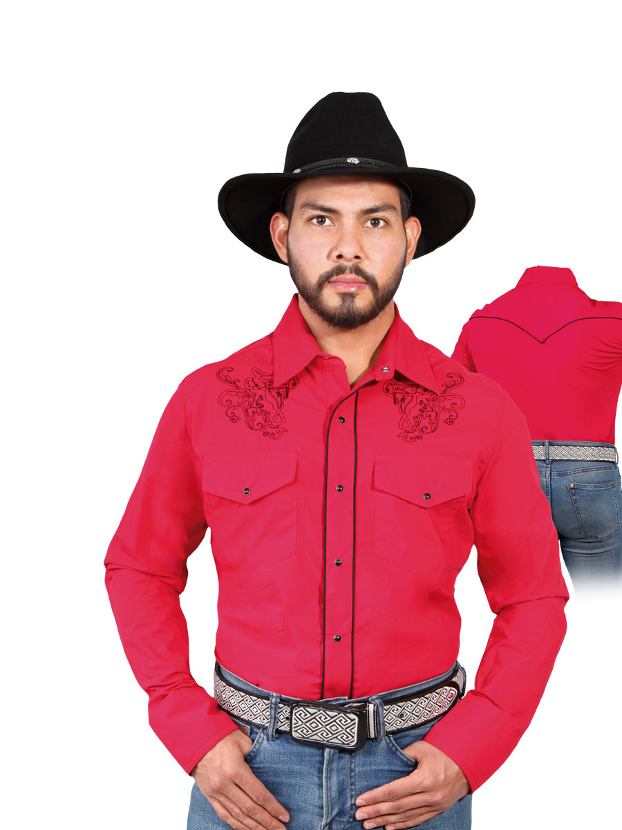 Red Long Sleeve Embroidered Denim Shirt for Men 'The Lord of the Skies' - ID: 42956