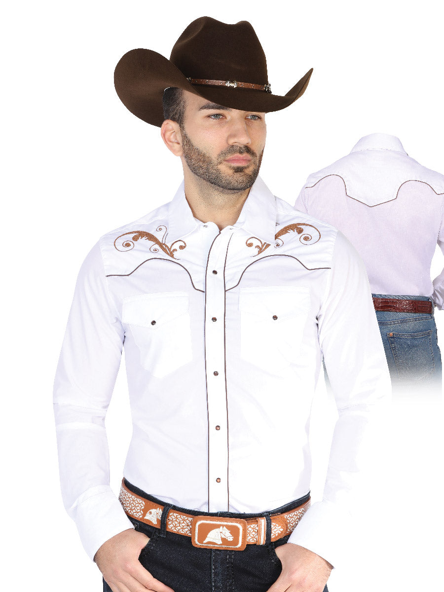 White Long Sleeve Embroidered Denim Shirt for Men 'The Lord of the Skies' - ID: 42957