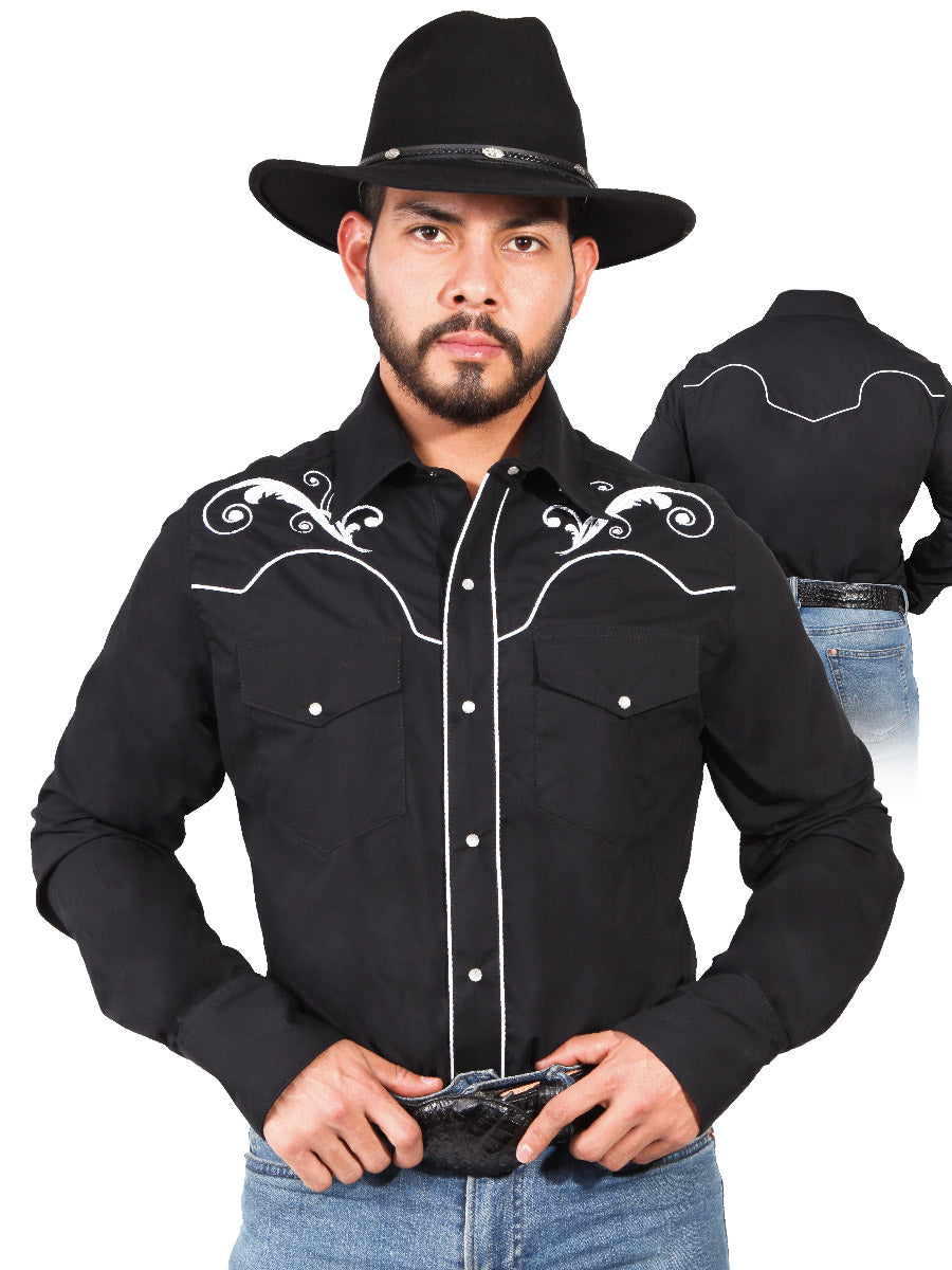 Black Long Sleeve Embroidered Denim Shirt for Men 'The Lord of the Skies' - ID: 42958
