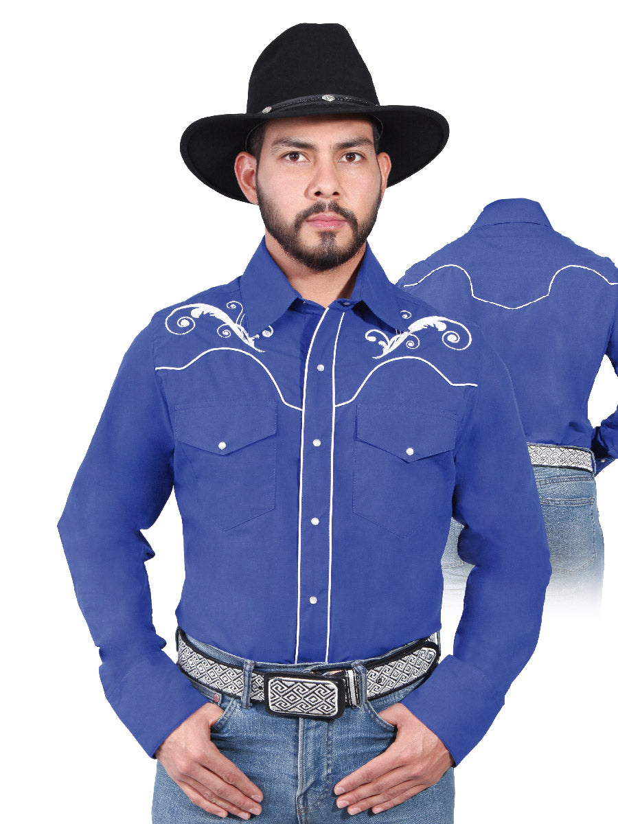 Royal Blue Long Sleeve Embroidered Denim Shirt for Men 'The Lord of the Skies' - ID: 42959