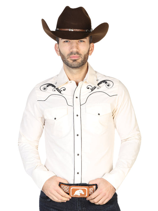 Beige Long Sleeve Embroidered Denim Shirt for Men 'El Señor de los Cielos' - ID: 42960 Western Shirt El Señor de los Cielos Beige