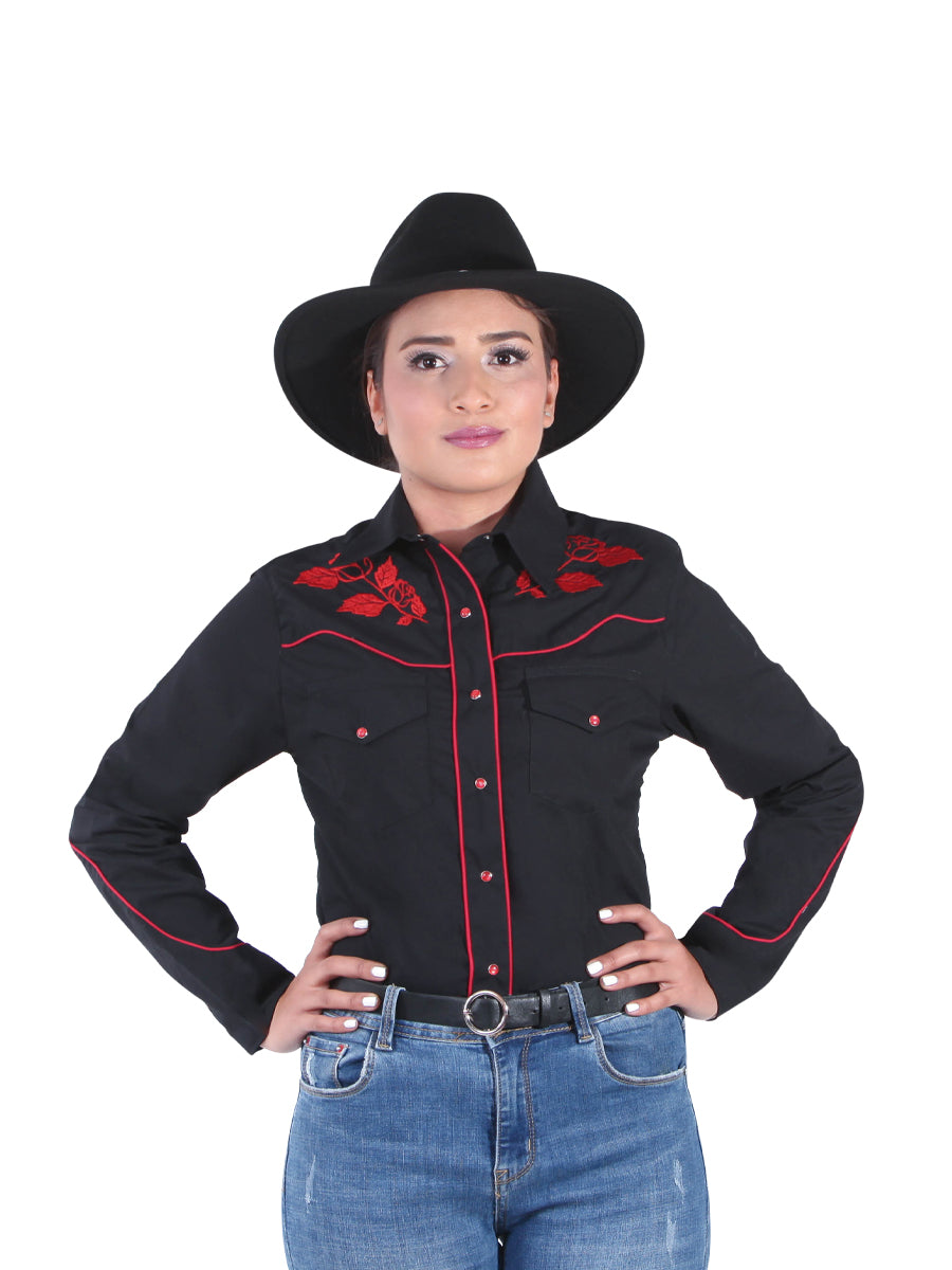Camisa Vaquera Manga Larga Bordada Floral Negro para Mujer 'El General' - ID: 42967