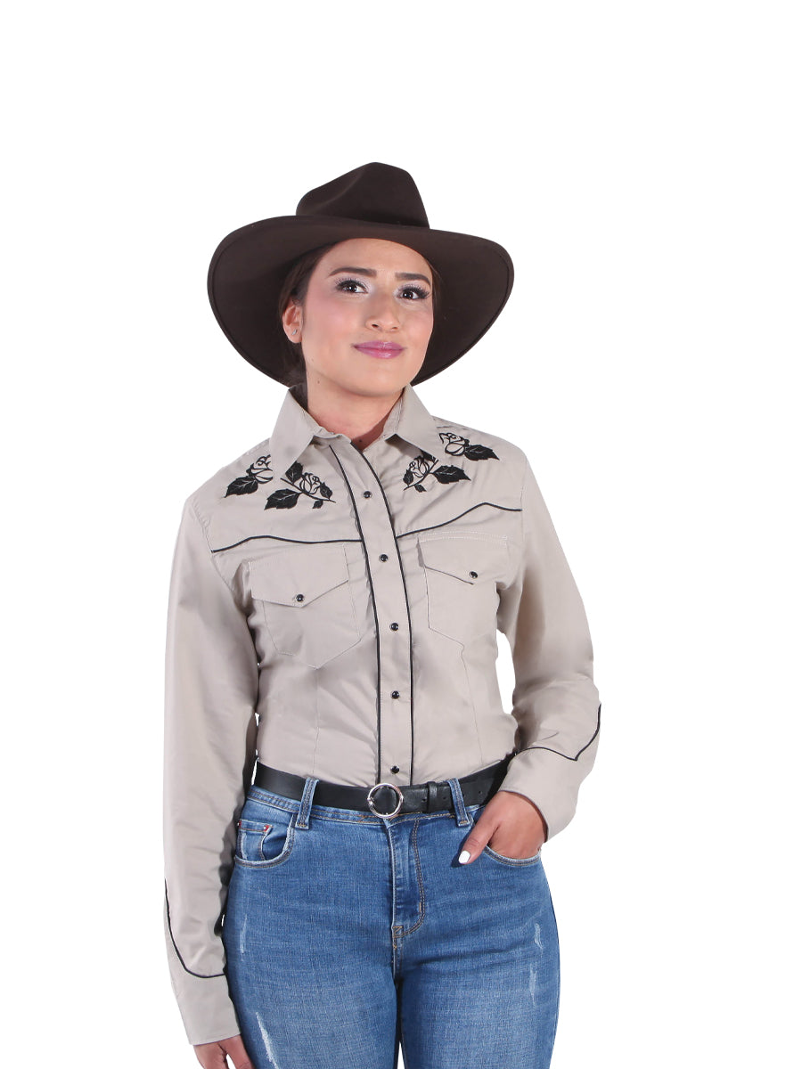 Camisa Vaquera Manga Larga Bordada Floral Caqui para Mujer 'El General' - ID: 42969