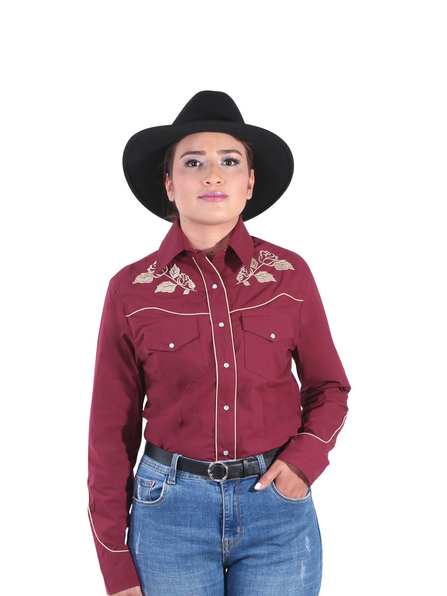 Camisa Vaquera Manga Larga Bordada Floral Vino para Mujer 'El General' - ID: 42971