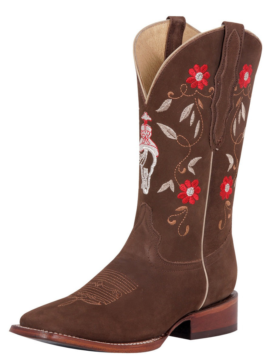 Rodeo Cowboy Boots with Embroidered Flower Nubuck Leather Tube for Women 'El General' - Women's Nubuck Leather Floral Embroidered Shaft Western Cowgirl Boots 'El General' - ID: 42973