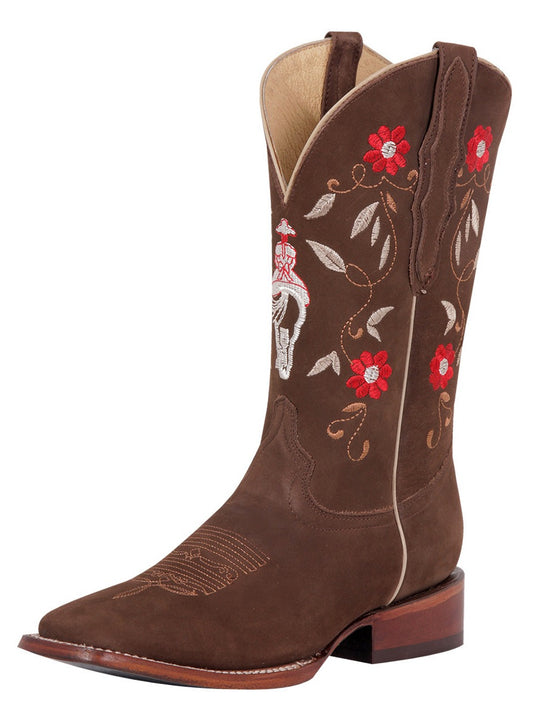 Botas Vaqueras Rodeo con Tubo Bordado de Flores de Piel Nobuck para Mujer 'El General' - Women's Nubuck Leather Floral Embroidered Shaft Western Cowgirl Boots 'El General' - ID: 42973