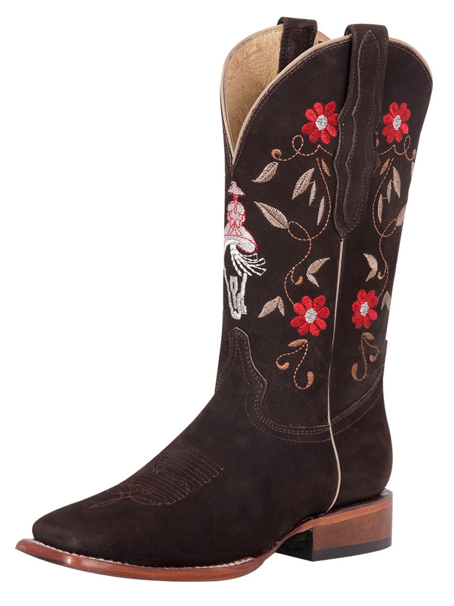 Rodeo Cowboy Boots with Embroidered Flower Nubuck Leather Tube for Women 'El General' - Women's Nubuck Leather Floral Embroidered Shaft Western Cowgirl Boots 'El General' - ID: 42974