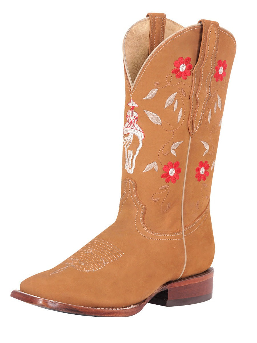 Rodeo Cowboy Boots with Embroidered Flower Nubuck Leather Tube for Women 'El General' - Women's Nubuck Leather Floral Embroidered Shaft Western Cowgirl Boots 'El General' - ID: 42975