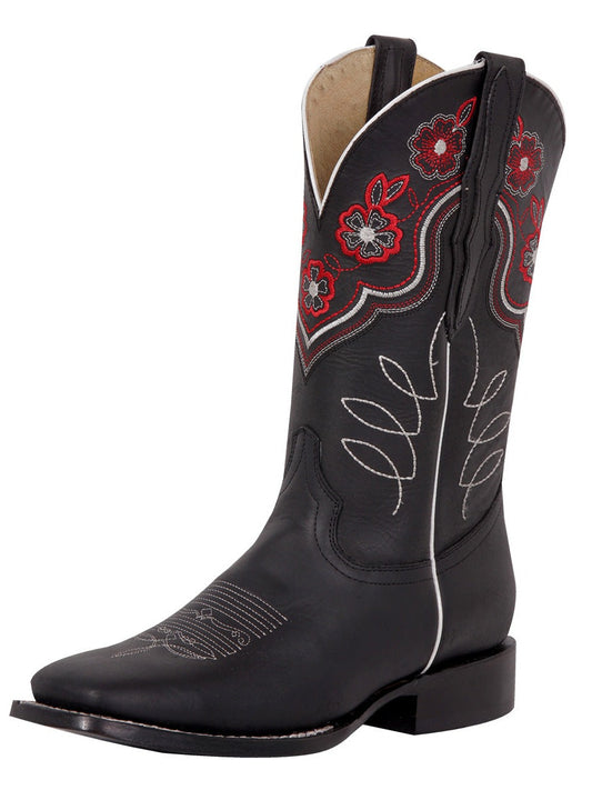 Botas Vaqueras Rodeo con Tubo Bordado de Flores de Piel Genuina para Mujer 'El General' - ID: 42977 Cowgirl Boots El General Negro
