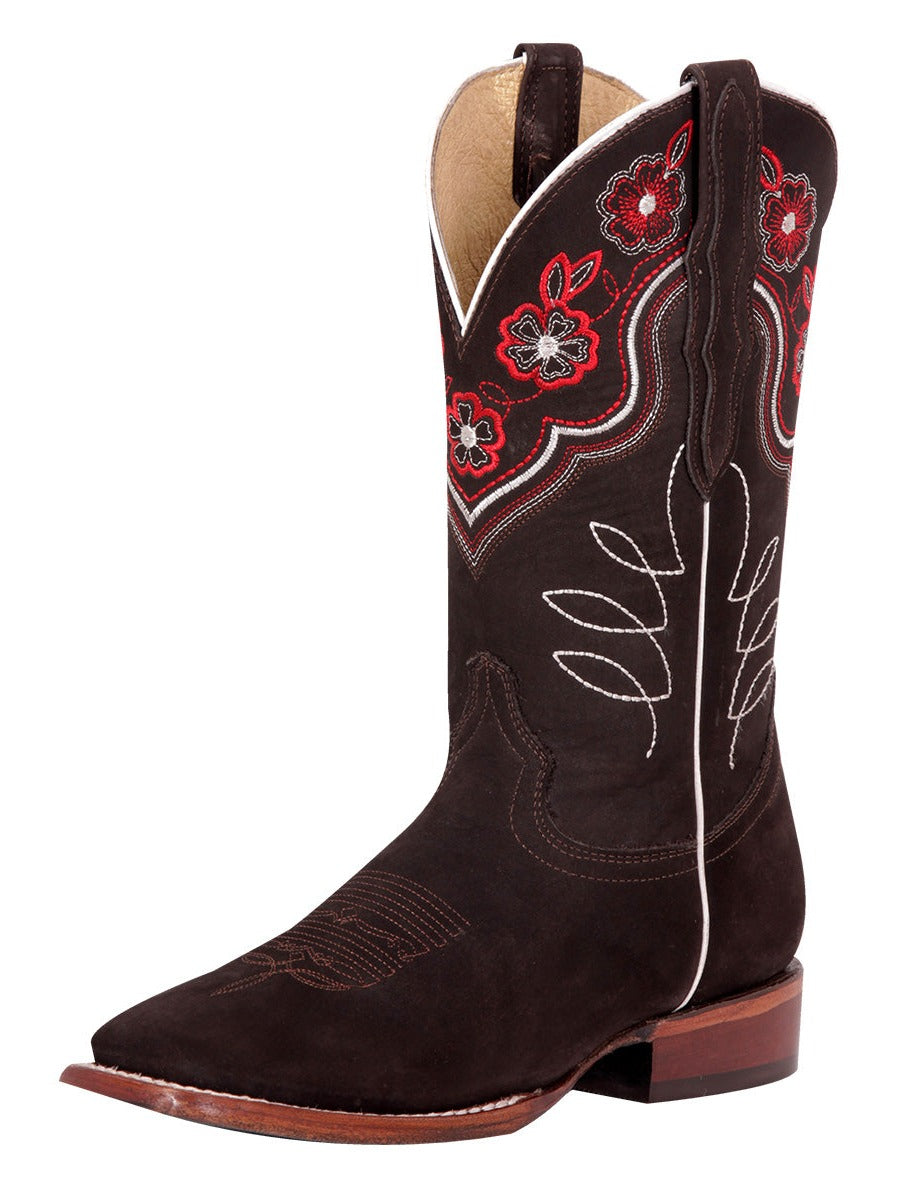 Rodeo Cowboy Boots with Embroidered Flower Nubuck Leather Tube for Women 'El General' - Women's Nubuck Leather Floral Embroidered Shaft Western Cowgirl Boots 'El General' - ID: 42978