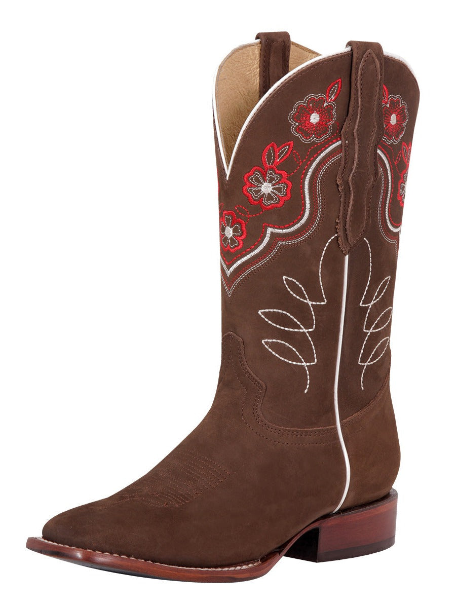 Rodeo Cowboy Boots with Embroidered Flower Nubuck Leather Tube for Women 'El General' - Women's Nubuck Leather Floral Embroidered Shaft Western Cowgirl Boots 'El General' - ID: 42980