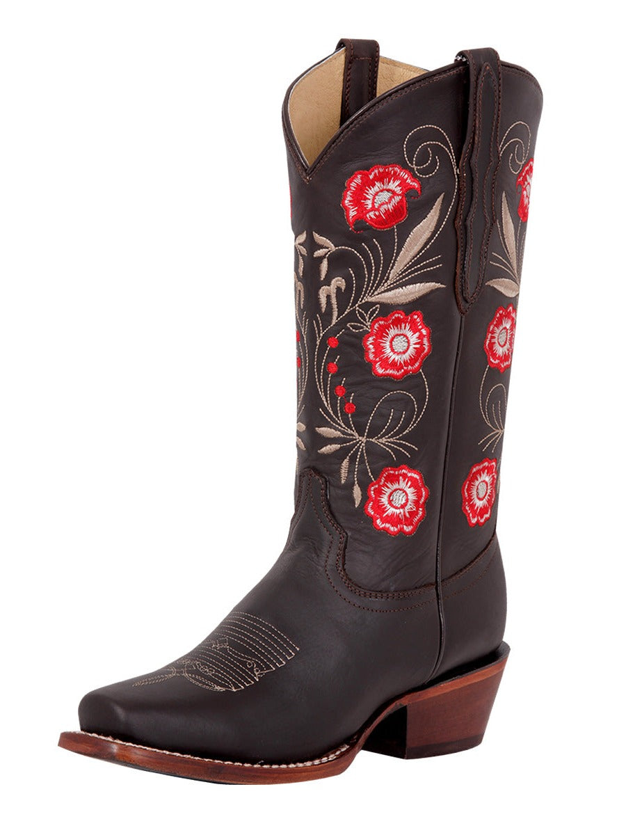 Rodeo Cowboy Boots with Genuine Leather Flowers Embroidered Tube for Women 'El General' - Women's Genuine Leather Floral Embroidered Shaft Western Cowgirl Boots 'El General' - ID: 42982