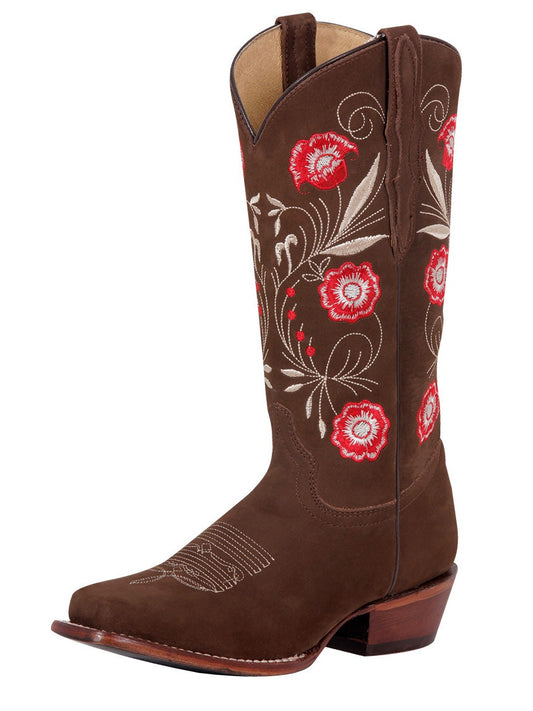 Rodeo Cowboy Boots with Embroidered Flower Nubuck Leather Tube for Women 'El General' - Women's Nubuck Leather Floral Embroidered Shaft Western Cowgirl Boots 'El General' - ID: 42984