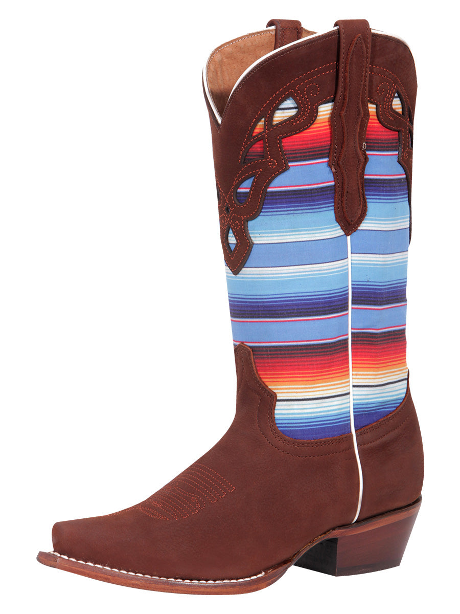 Retro Cowboy Boots with Nobuck Leather Sarape Print Tube for Women 'El General' - Women's Nubuck Leather Multiolored Stripes Shaft Retro Western Cowgirl Boots 'El General' - ID: 42986