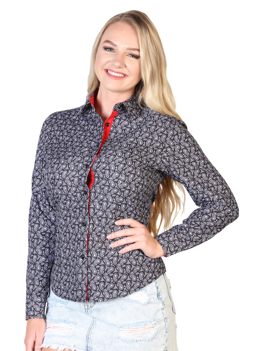 Black / Red Printed Long Sleeve Denim Shirt for Women 'The Lord of the Skies' - ID: 43015