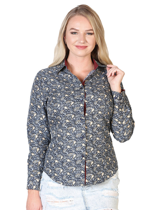Navy Blue Printed Long Sleeve Denim Shirt for Women 'The Lord of the Skies' - ID: 43051