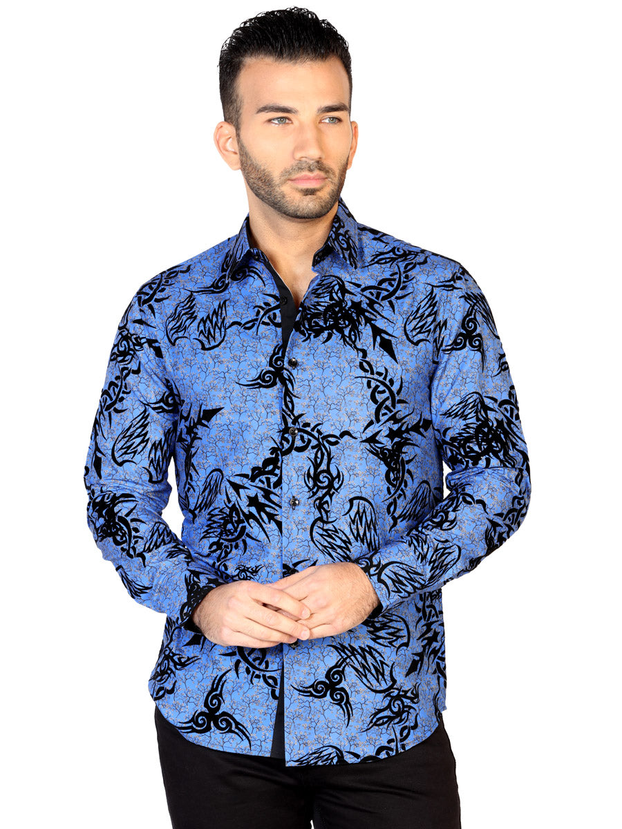 Blue Printed Long Sleeve Casual Shirt for Men 'El General' - ID: 43136