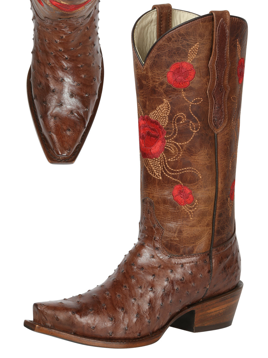 Retro Exotic Cowboy Boots with Original Ostrich Flower Embroidered Tube for Women 'El General' - Women's Original Ostrich Floral Embroidered Shaft Retro Exotic Western Cowgirl Boots 'El General' - ID: 43173