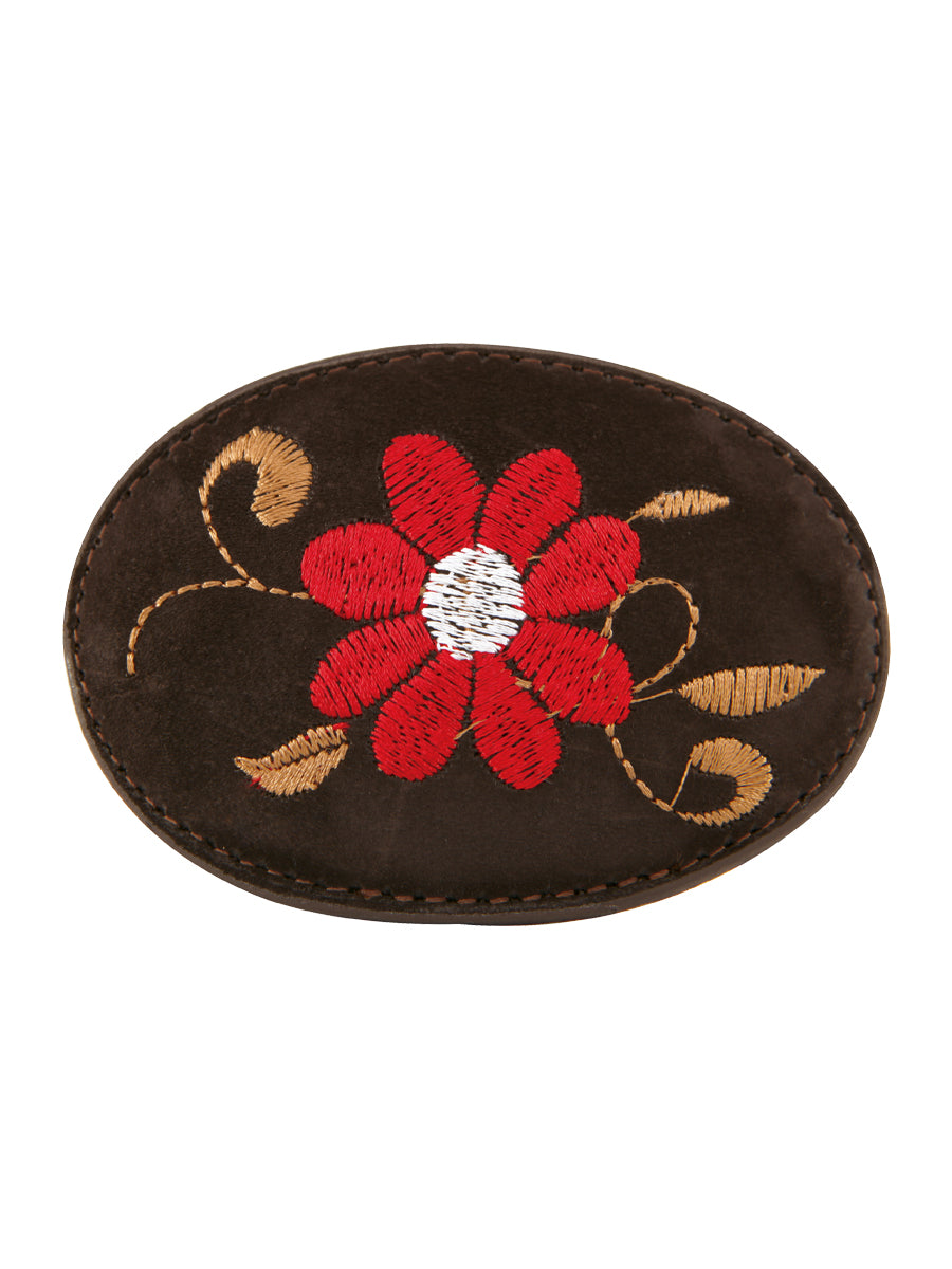 Buckle for Women's Cowboy Belt, Oval with Nobuck Leather Floral Embroidery 'El General' - ID: 43235